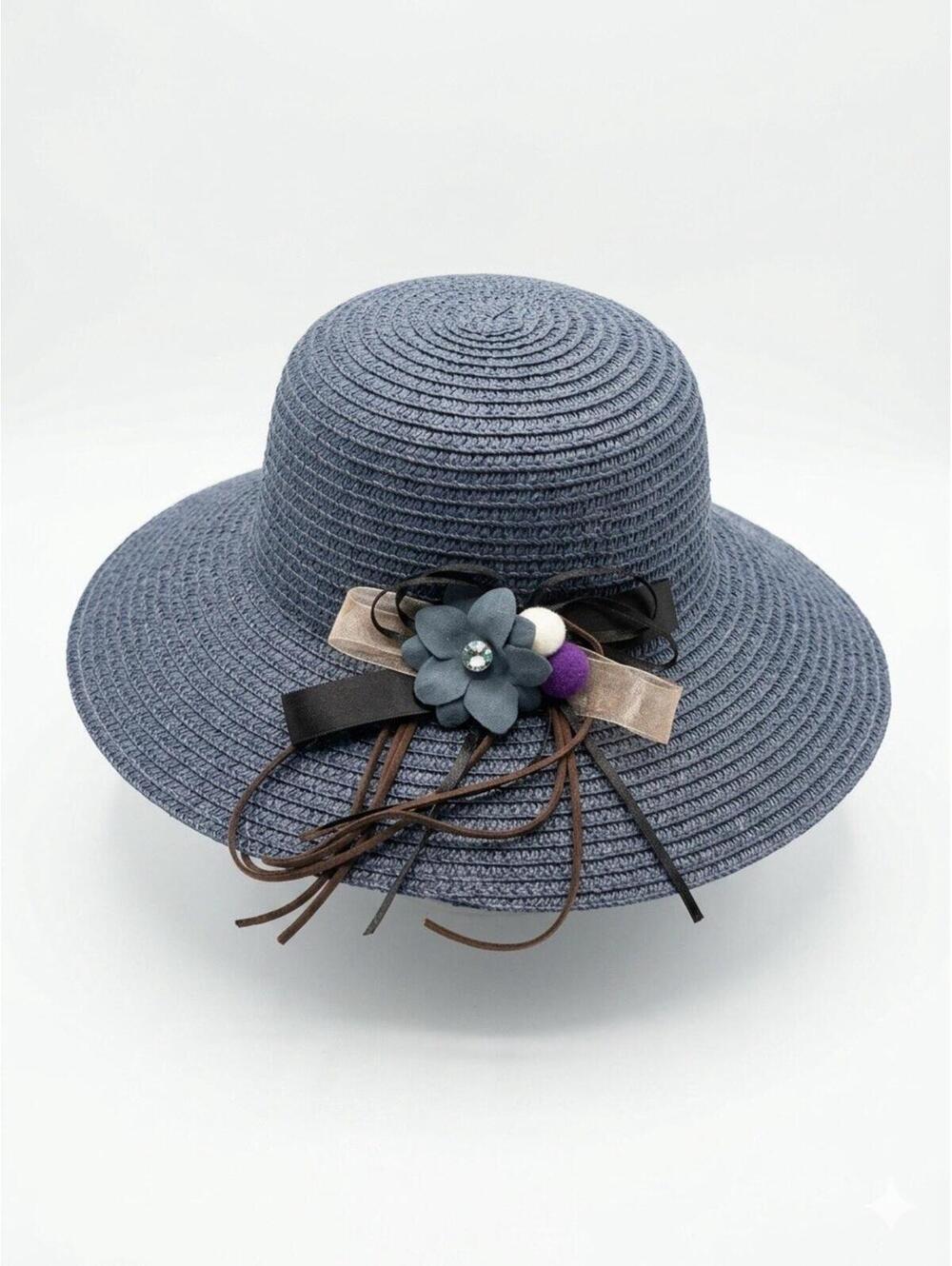 Women's Blue Straw Sun Hat One Size Paper Braided Summer Beach Cap Floral